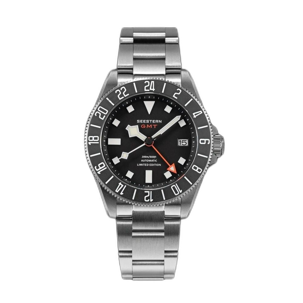Seestern S462 titanium GMT dive watch automatic, black dial, black 24h bezel, red GMT hand, steel bracelet, front