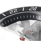 Seestern S462 titanium GMT black dial macro, lume hour markers and white SEESTERN GMT print, close-up