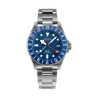 Seestern S462 titanium GMT dive watch automatic, blue dial, blue 24h bezel, red GMT hand, steel bracelet, front