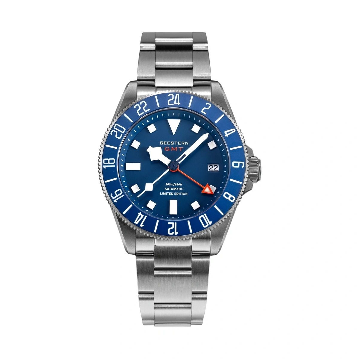 Seestern S462 titanium GMT dive watch automatic, blue dial, blue 24h bezel, red GMT hand, steel bracelet, front