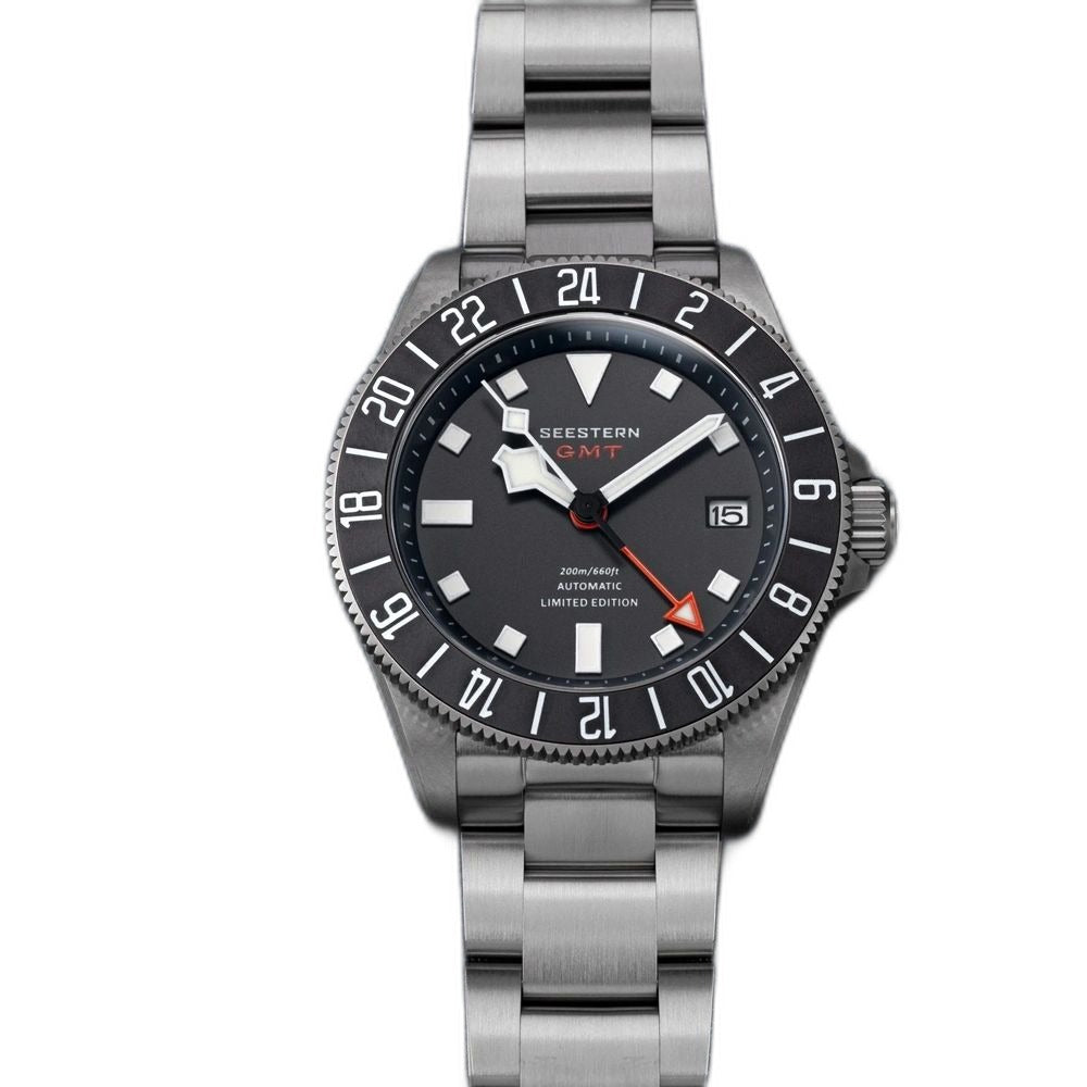 Seestern S462 titanium GMT front view with dark grey-black dial and brushed titanium bracelet