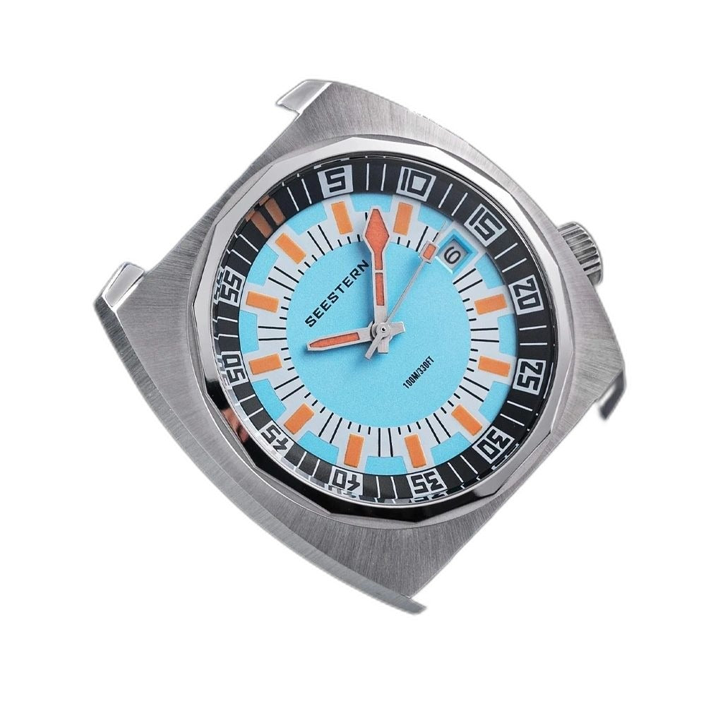 Seestern S471 light blue-dial double crown diver on navy rubber strap, angled studio product view