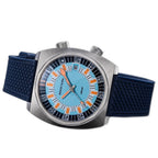 Seestern S471 light blue-dial double crown diver on navy rubber strap, dramatic angled view