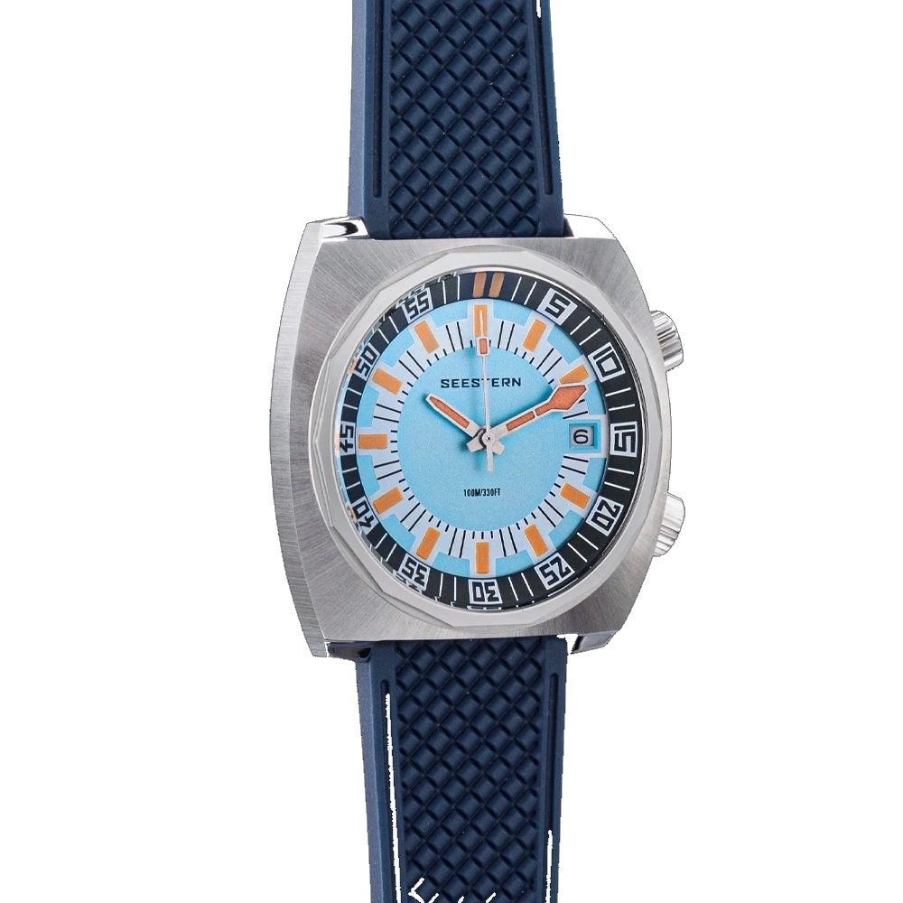 Seestern S471 light blue-dial double crown diver on navy rubber strap, three-quarter angled view