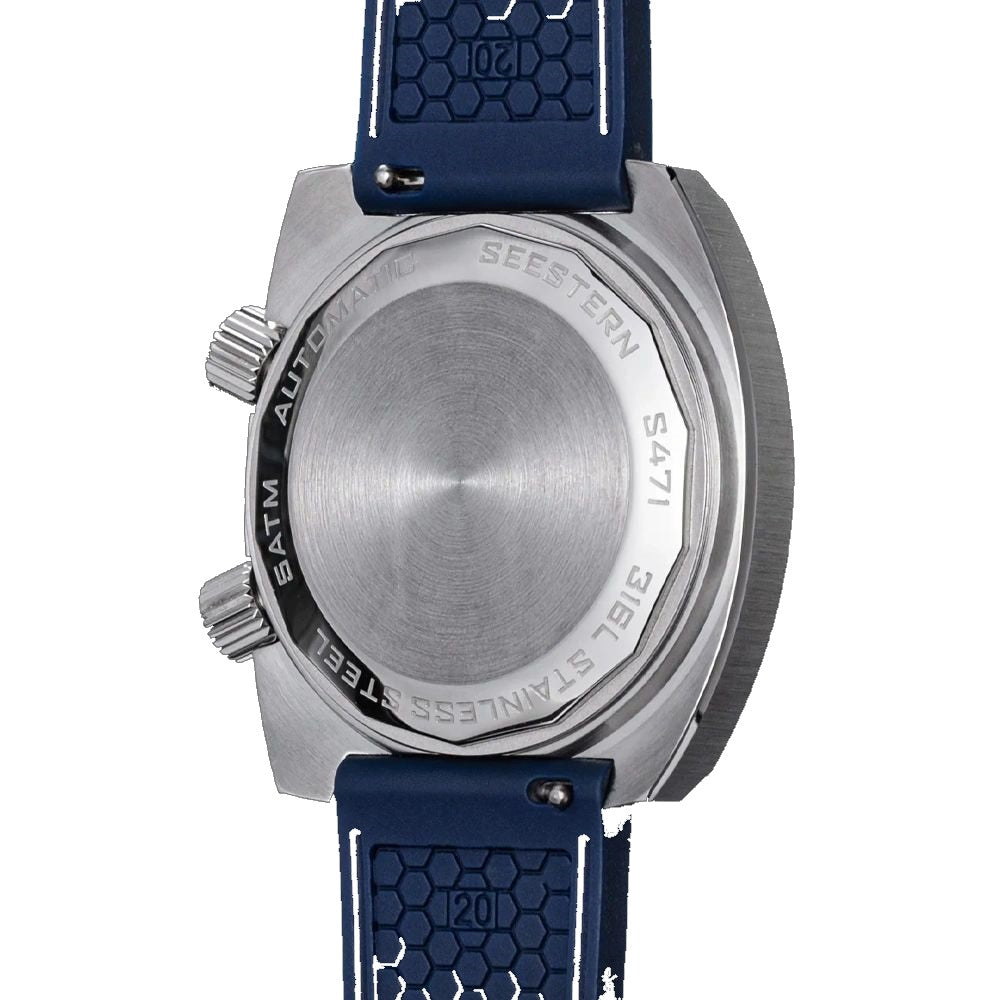 Seestern S471 steel caseback engraved SEESTERN S471, blue rubber strap, rear view