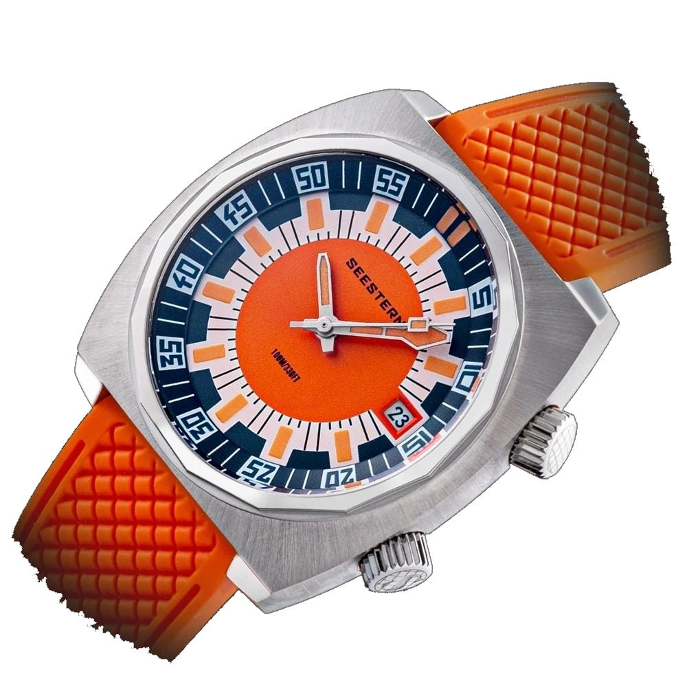 Seestern S471 orange-dial double crown diver on orange rubber strap, angled studio product view