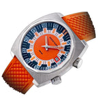 Seestern S471 orange-dial double crown diver on orange rubber strap, angled studio product view