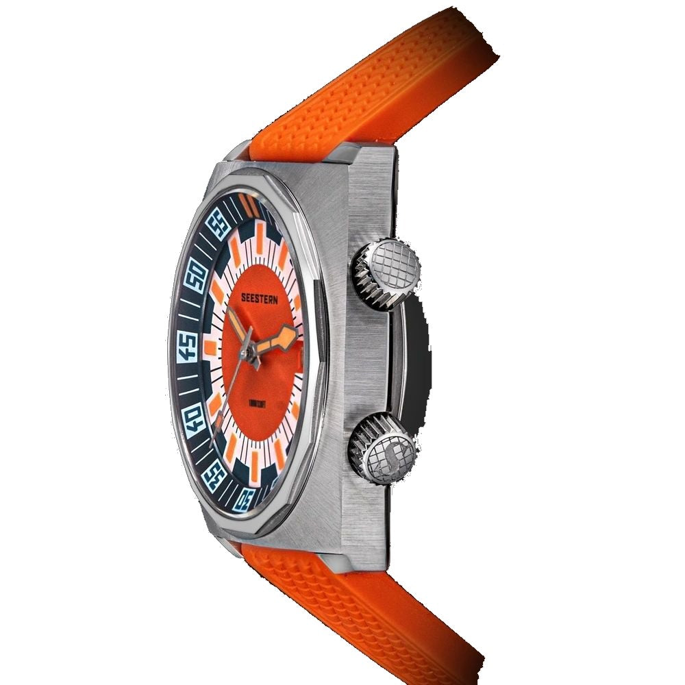 Seestern S471 orange-dial double crown diver on orange rubber strap, dramatic angled view