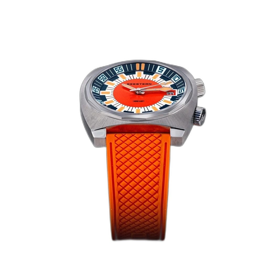 Seestern S471 orange-dial double crown diver standing on orange rubber strap, angled product view