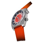 Seestern S471 orange-dial double crown diver on orange rubber strap, three-quarter angled view