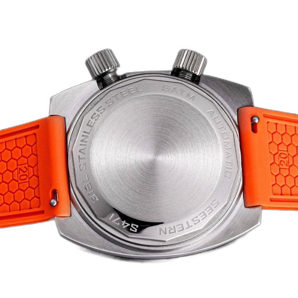 Seestern S471 brushed steel caseback engraved SEESTERN S471, 316L STAINLESS STEEL, SATM, AUTOMATIC
