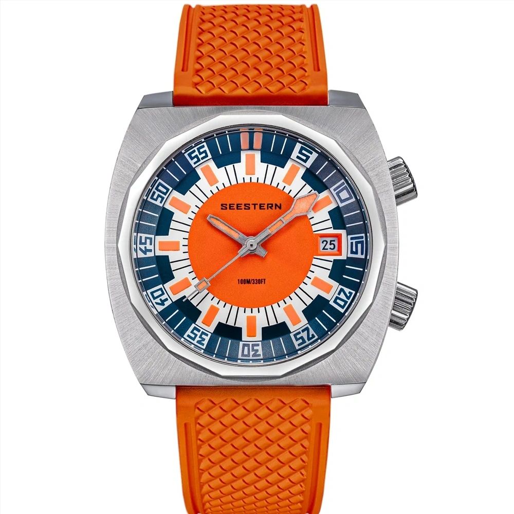 Seestern S471 double crown automatic diver, orange dial, orange rubber strap, front view