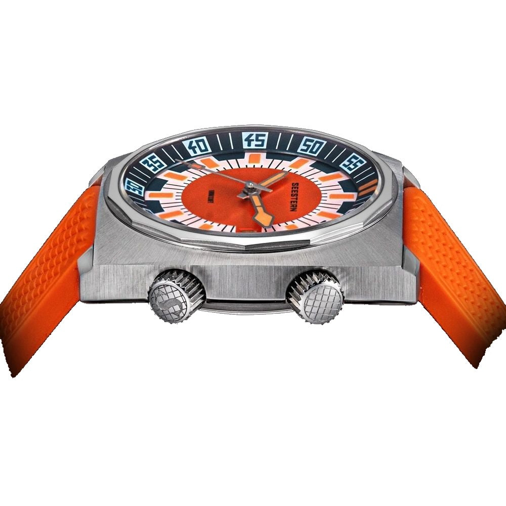 Seestern S471 orange-dial diver side profile showing the two screw-down crowns, orange rubber strap