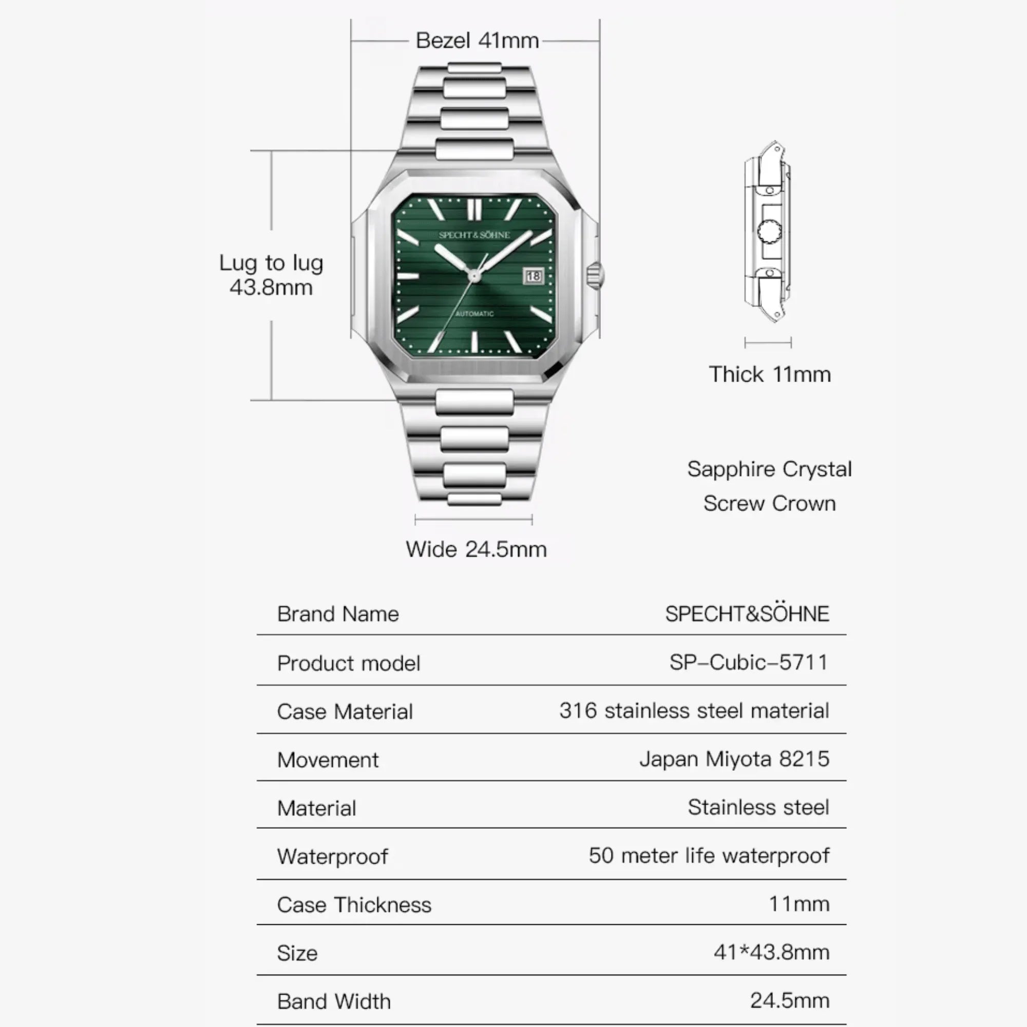 Specht & Söhne Cubic Automatic Miyota 8215 with Green III dial