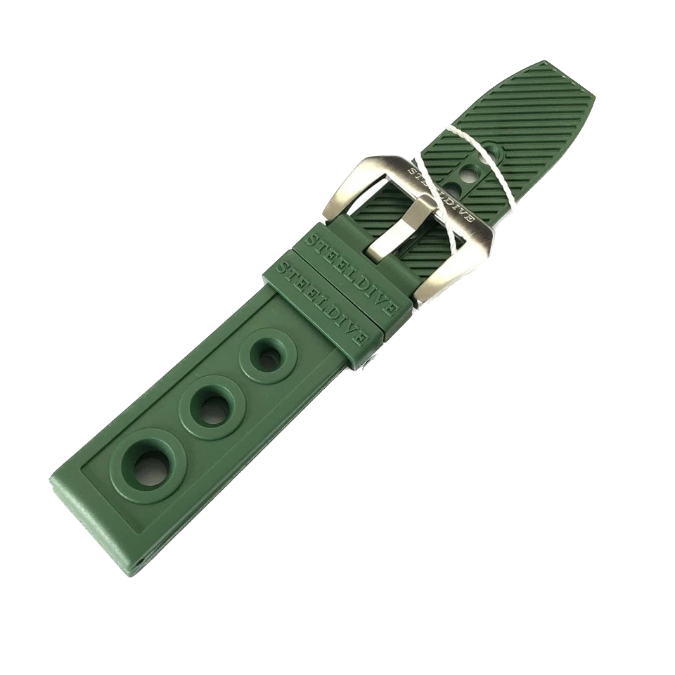 Steeldive replacement watch strap in green silicone with perforated holes and silver buckle; durable dive strap designed to fit 20mm or 22mm lug widths.