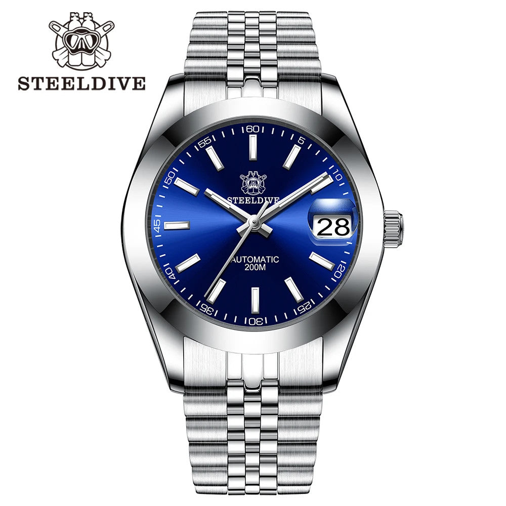 STEELDIVE SD1934 Automatic Menâ€™s Diver Watch â€“ NH35, Retro Water Ghost with jubilee blue dial