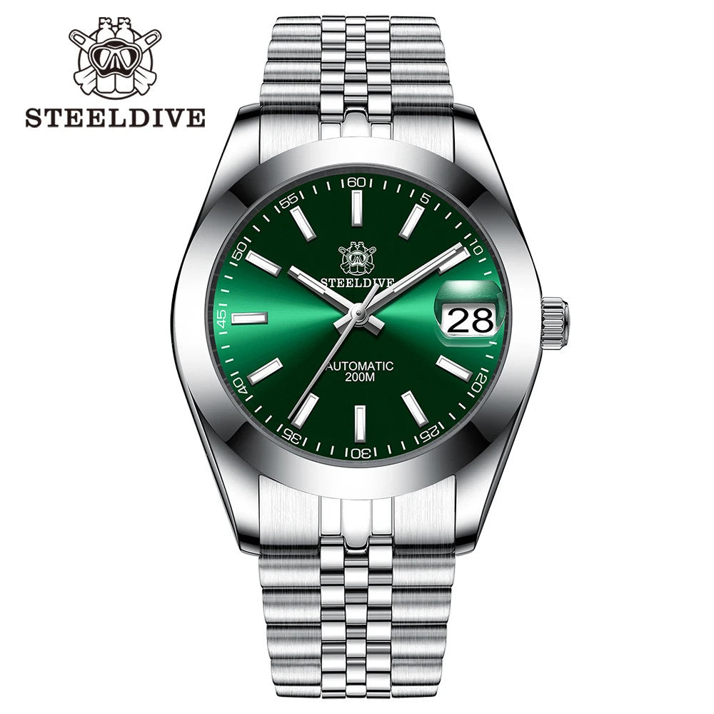 STEELDIVE SD1934 Automatic Menâ€™s Diver Watch â€“ NH35, Retro Water Ghost with jubilee green dial