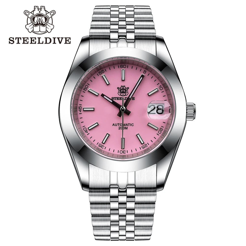STEELDIVE SD1934 Automatic Menâ€™s Diver Watch â€“ NH35, Retro Water Ghost with jubilee pink dial
