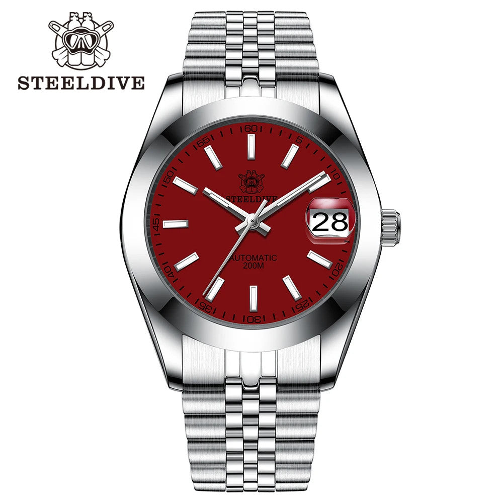 STEELDIVE SD1934 Automatic Menâ€™s Diver Watch â€“ NH35, Retro Water Ghost with jubilee red dial