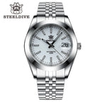 STEELDIVE SD1934 Automatic Menâ€™s Diver Watch â€“ NH35, Retro Water Ghost with jubilee white dial, lifestyle shot