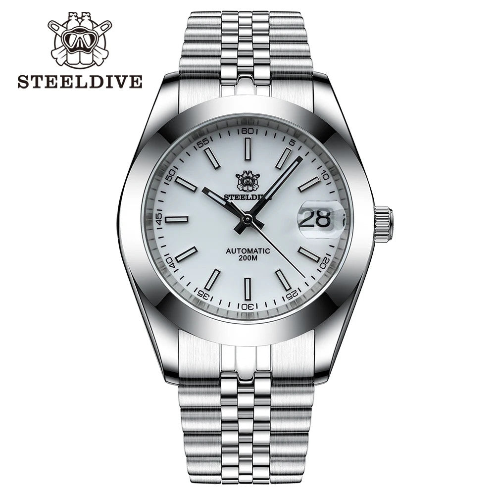 STEELDIVE SD1934 Automatic Menâ€™s Diver Watch â€“ NH35, Retro Water Ghost with jubilee white dial, lifestyle shot