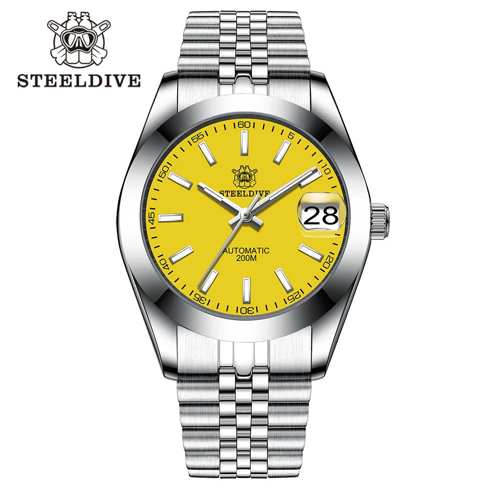 STEELDIVE SD1934 Automatic Menâ€™s Diver Watch â€“ NH35, Retro Water Ghost with jubilee yellow dial