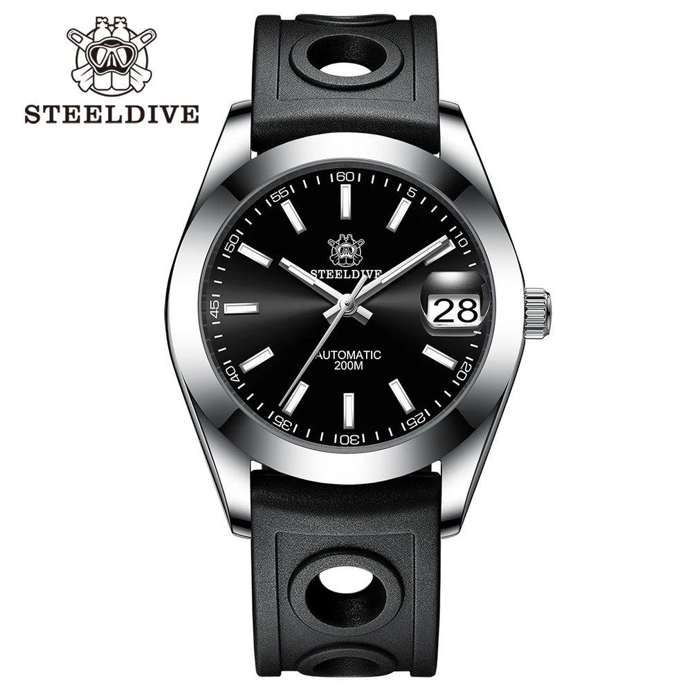 STEELDIVE SD1934 Automatic Menâ€™s Diver Watch â€“ NH35, Retro Water Ghost with rubber band black dial