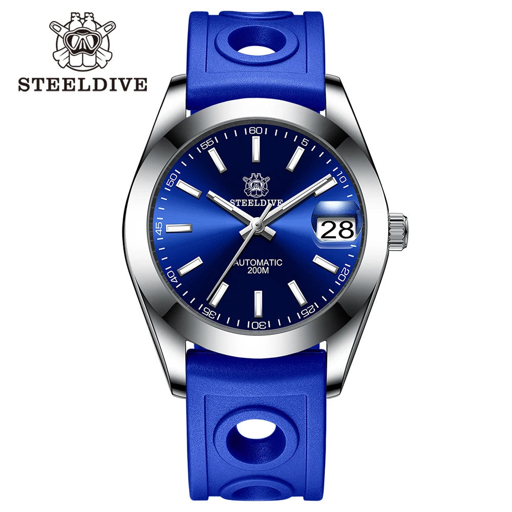 STEELDIVE SD1934 Automatic Menâ€™s Diver Watch â€“ NH35, Retro Water Ghost with rubber band blue dial