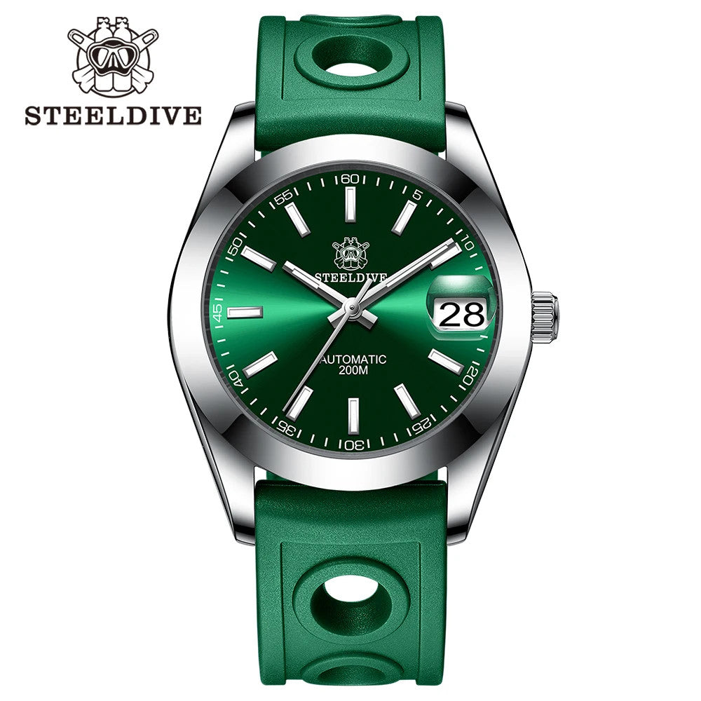 STEELDIVE SD1934 Automatic Menâ€™s Diver Watch â€“ NH35, Retro Water Ghost with rubber band green dial