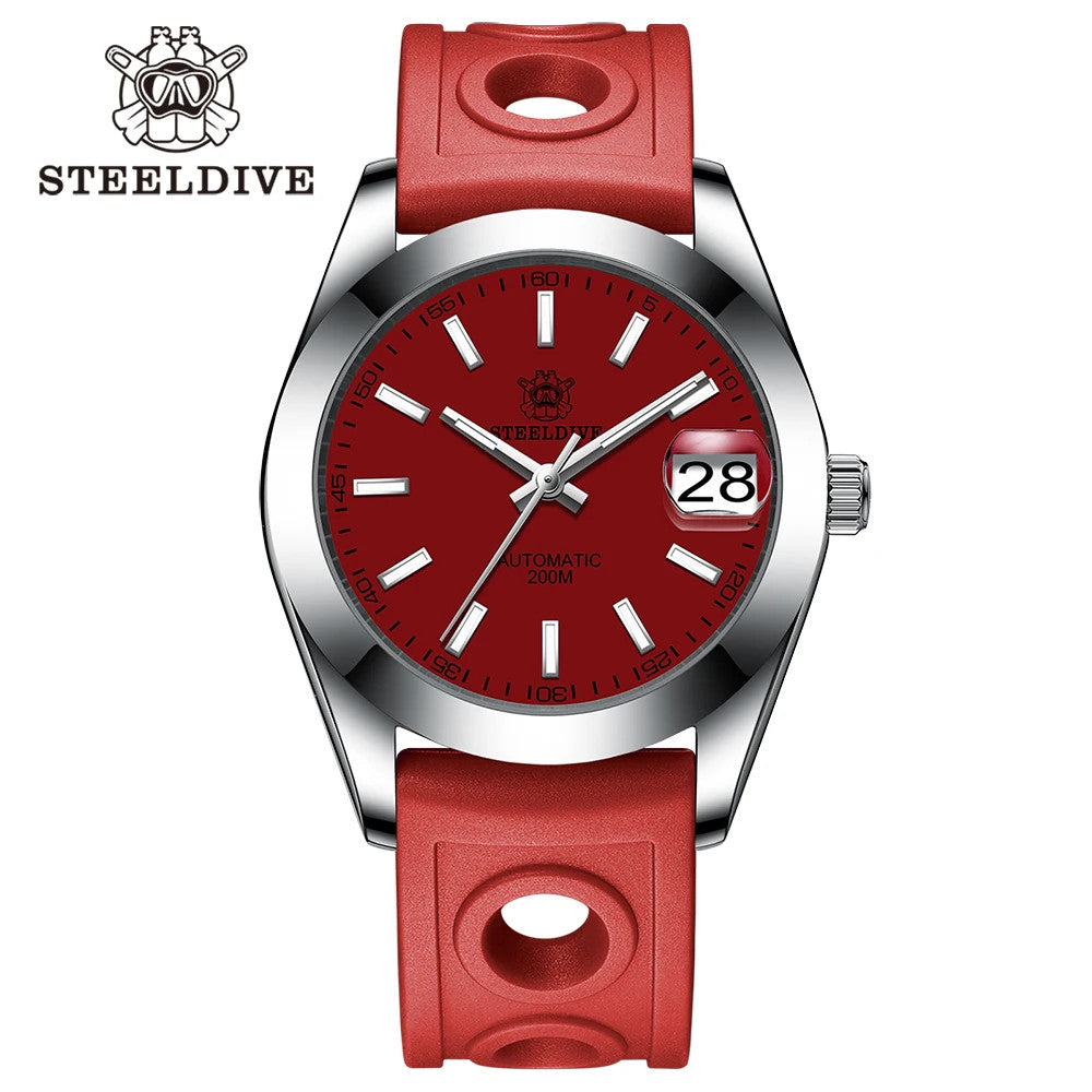 STEELDIVE SD1934 Automatic Menâ€™s Diver Watch â€“ NH35, Retro Water Ghost with rubber band red dial