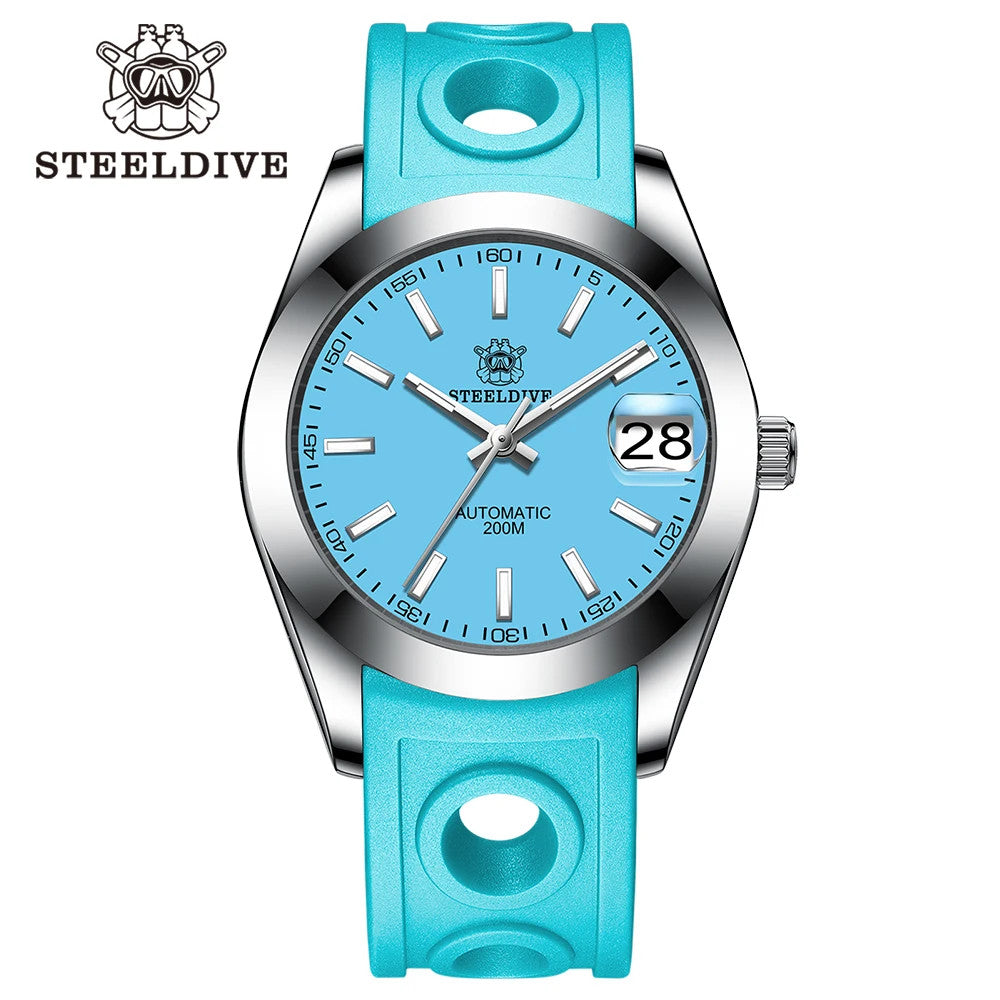 STEELDIVE SD1934 Automatic Menâ€™s Diver Watch â€“ NH35, Retro Water Ghost with rubber band turquoise dial