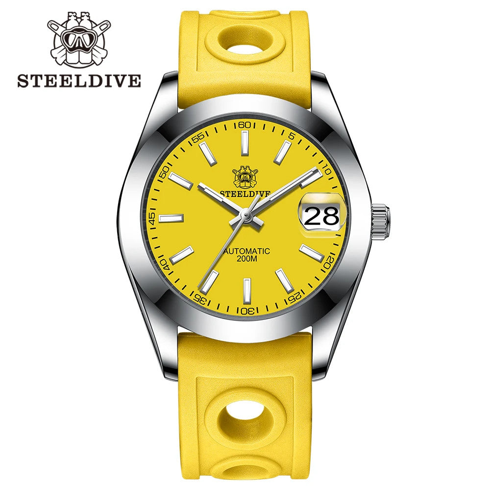 STEELDIVE SD1934 Automatic Menâ€™s Diver Watch â€“ NH35, Retro Water Ghost with rubber band yellow dial