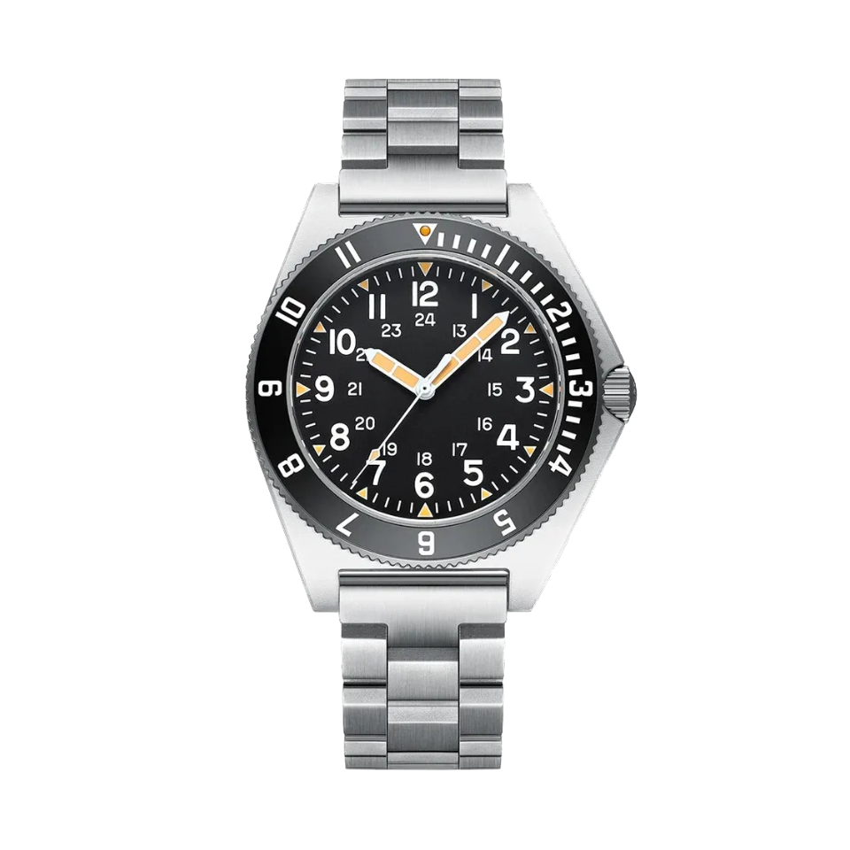 STEELDIVE SD1944 45MM NH35 Automatic Dive Watch with silver black dial, angled view