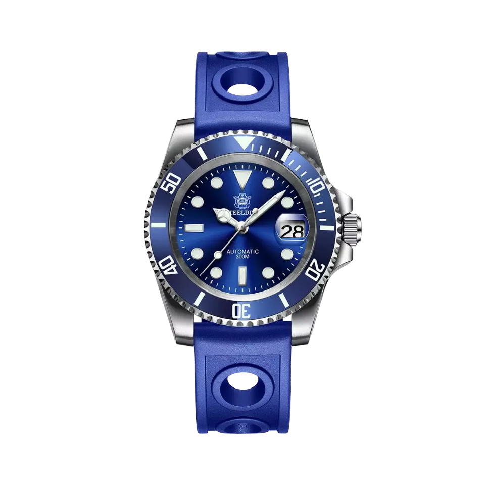 STEELDIVE SD1953 Men's NH35 Automatic Dive Watch with blue rubber dial, detail view