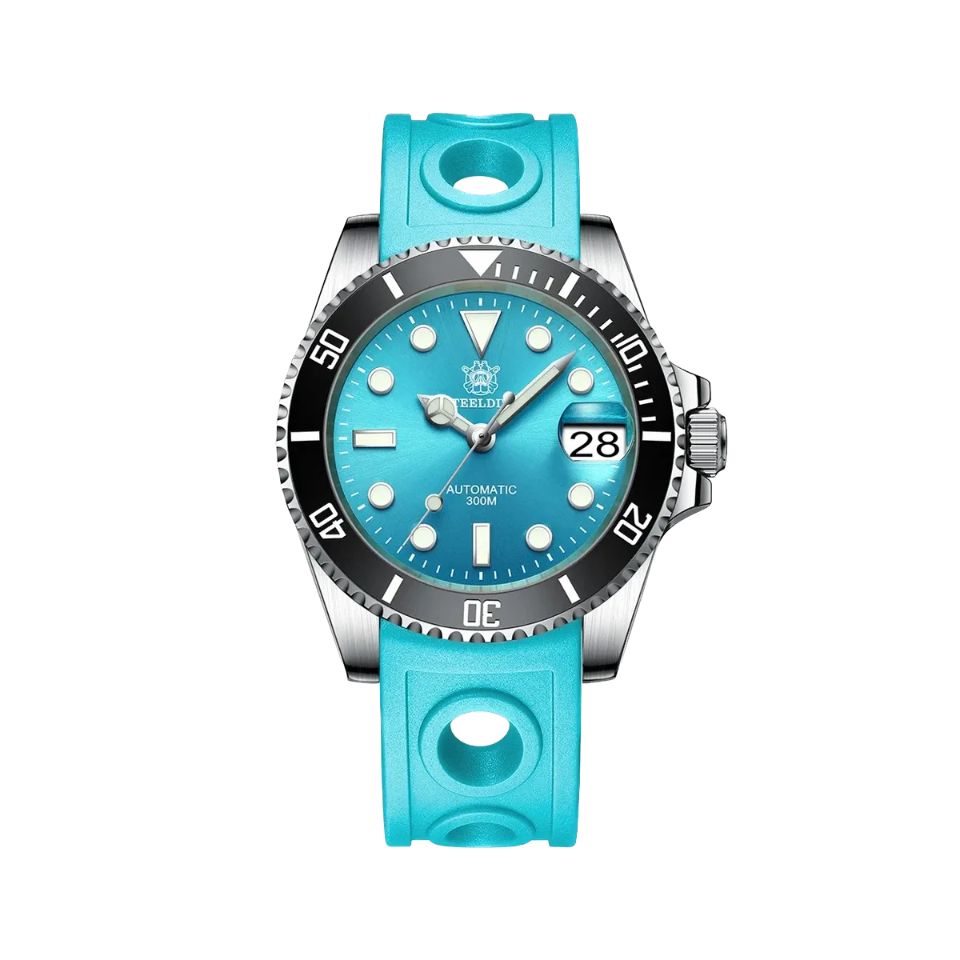 STEELDIVE SD1953 Men's NH35 Automatic Dive Watch with sky blue rubber dial, caseback view