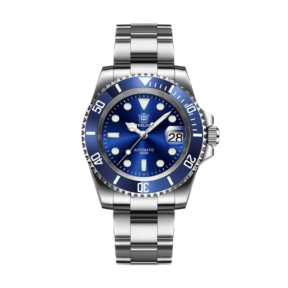 STEELDIVE SD1953 Water Ghost NH35 Automatic Men's Diver Watch with blue silver dial, detail view