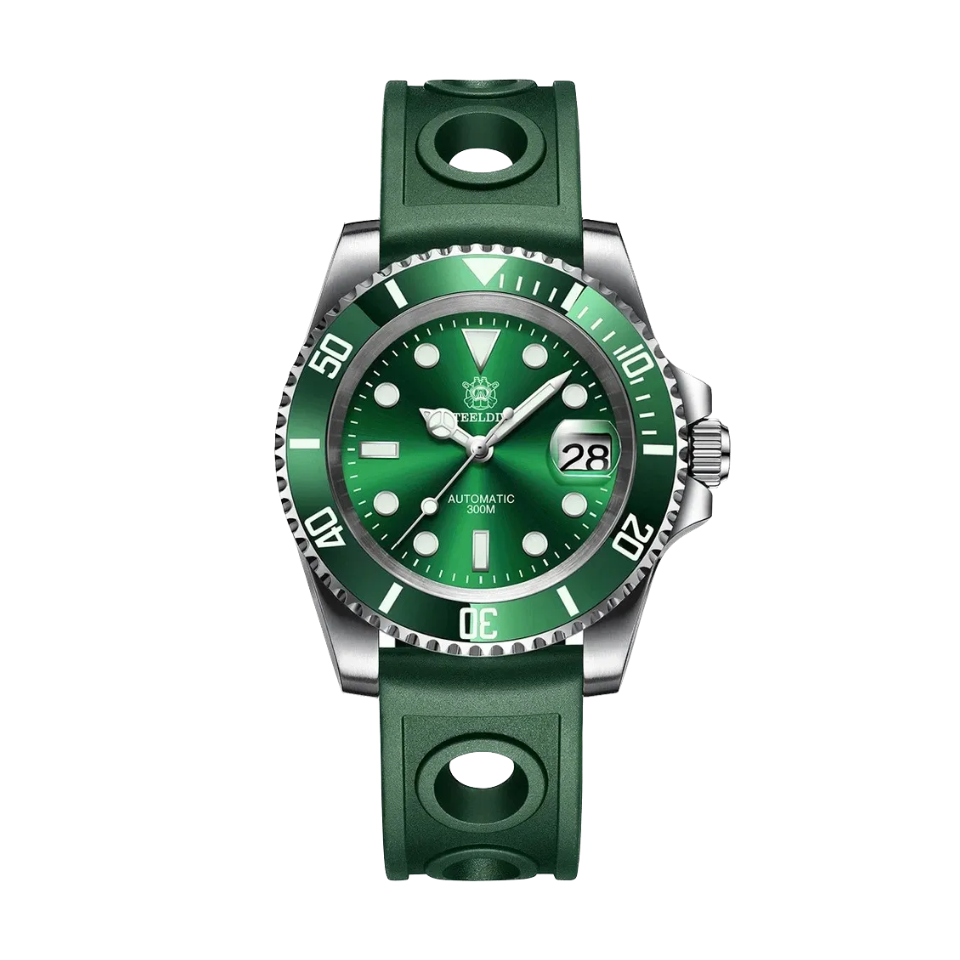 STEELDIVE SD1953 Water Ghost NH35 Automatic Men's Diver Watch with black green dial, angled view