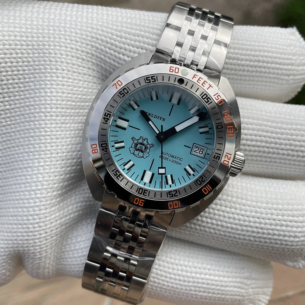 STEELDIVE SD1967 Homage Diver 43MM NH35 Automatic with sky blue dial, angled view
