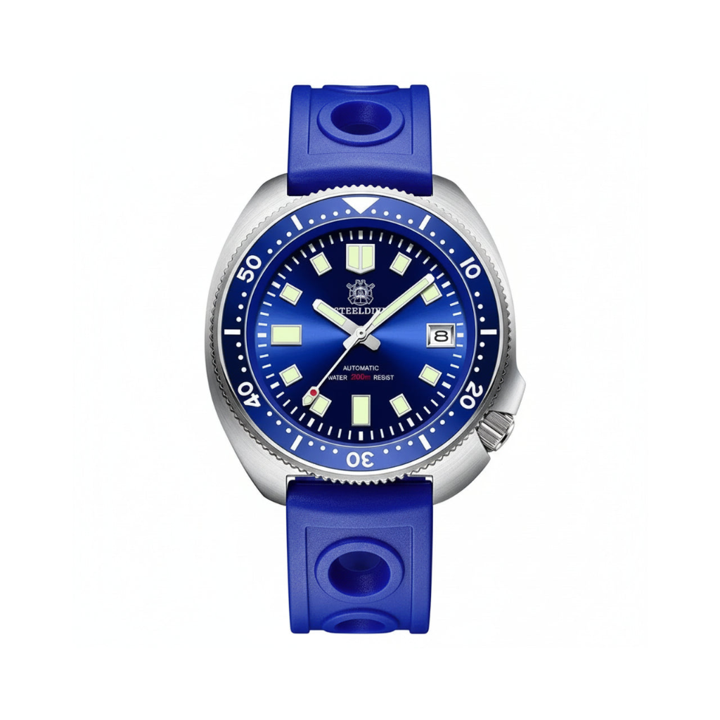STEELDIVE SD1970 44MM NH35 Men's Dive Watch with blue dial, angled view