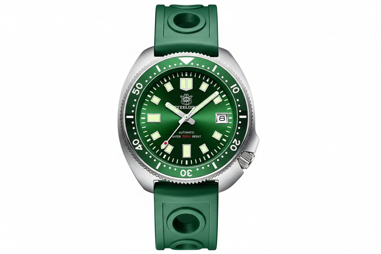 STEELDIVE SD1970 44MM NH35 Men's Dive Watch with steel green dial, caseback view