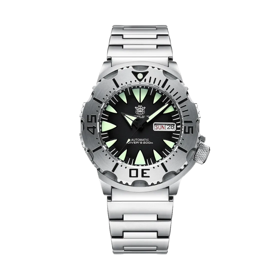 STEELDIVE SD1984 Diver 42MM Automatic NH36 with steel black dial, detail view