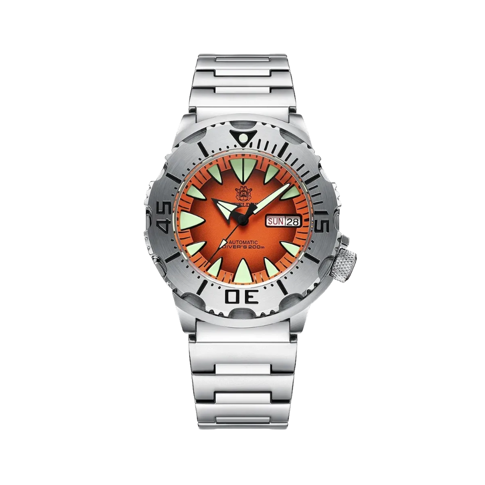 STEELDIVE SD1984 Diver 42MM Automatic NH36 with steel orange dial, angled view