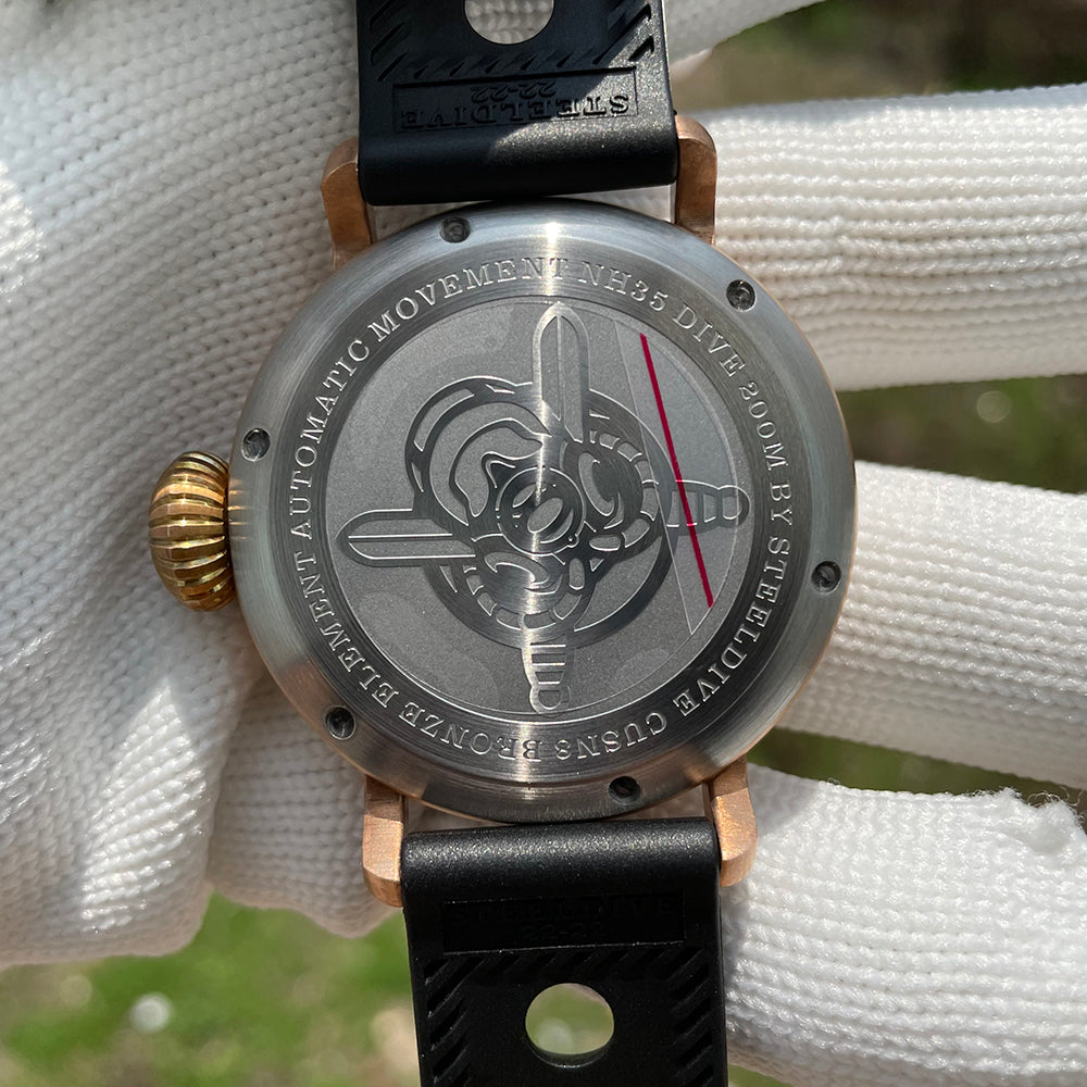 Steeldive SD1903S caseback with engraved propeller, NH35 automatic movement 200M bronze element text