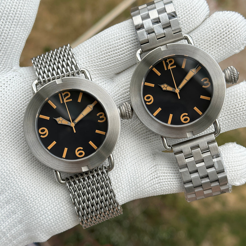 Steeldive SD1912 pair comparison, shark mesh bracelet alongside oyster steel bracelet on brushed 47mm cases