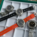 Steeldive SD1912 comparison of all four strap options: steel bracelet, mesh, black rubber and orange rubber