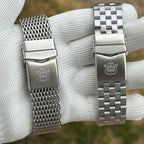 Steeldive SD1912 clasp detail, Steeldive engraved fold-over diver clasps on shark mesh and steel bracelets
