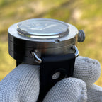 Steeldive SD1912 V2 brushed case angled view showing domed sapphire crystal and screw-down crown