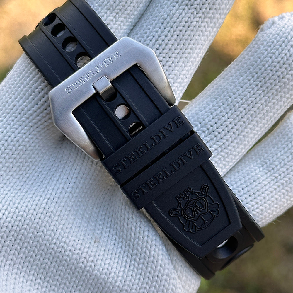Steeldive SD1912 black rubber dive strap with brushed steel STEELDIVE signed buckle and turtle logo keeper