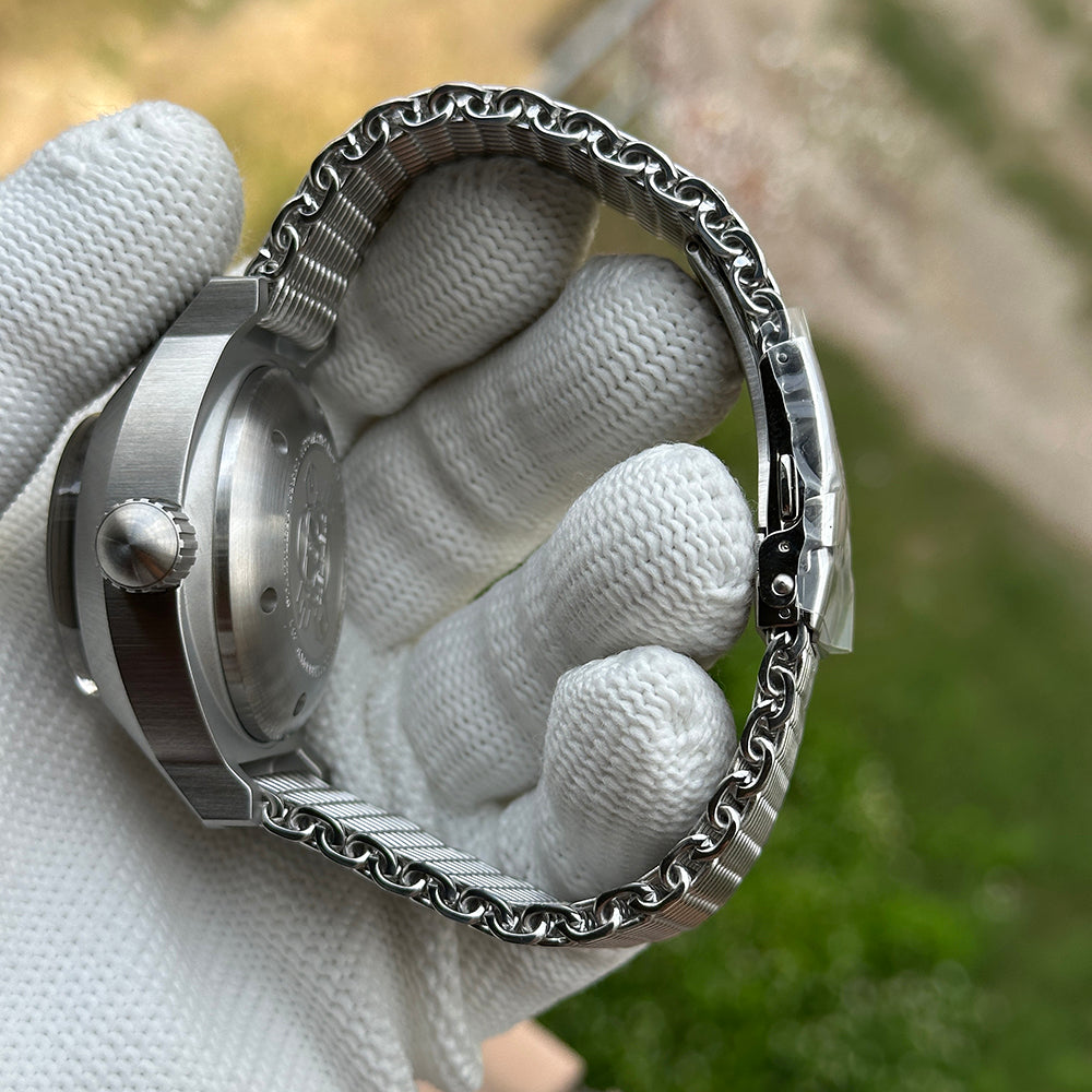 Steeldive SD1920 1000m diver caseback with engraved scuba logo and signed crown, jubilee bracelet