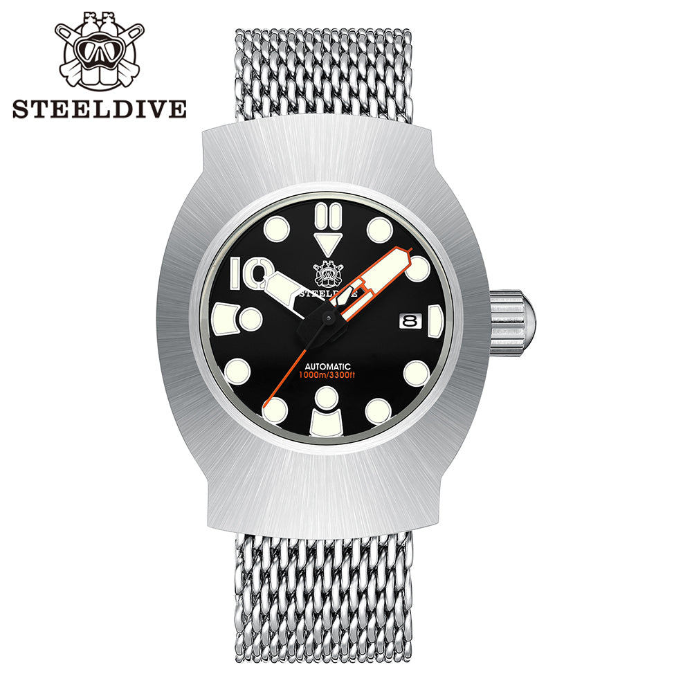 Steeldive SD1920 1000m dive watch hero studio shot with black dial and Milanese mesh bracelet